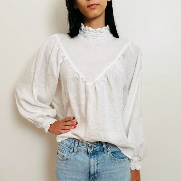 DISSH Linen Blouse Top White High Neck Long Sleeve Boho - Picture 4 of 12